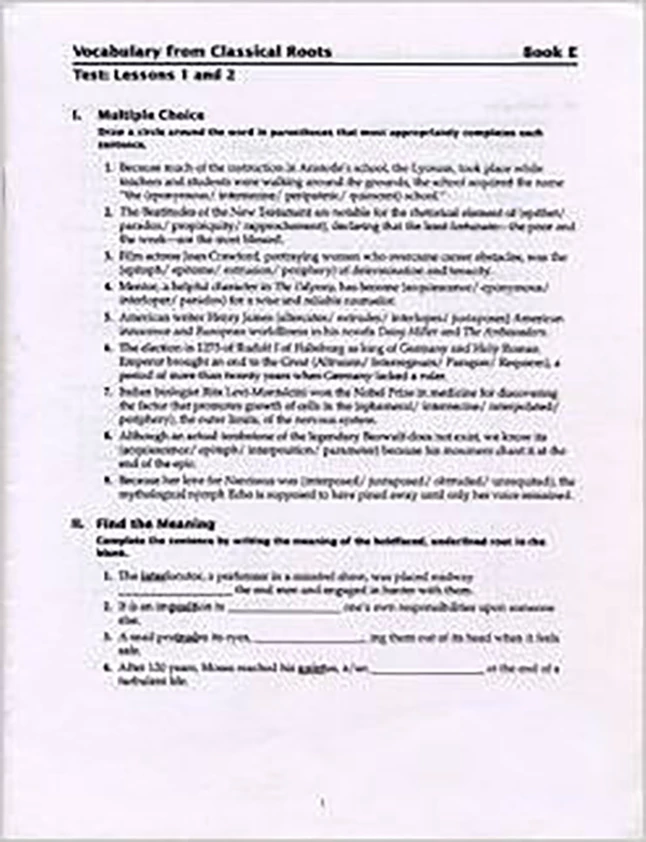 Vocab Clssical Roots Vocabulary From Classical Roots, Book E, Test 3 Vocab Clssical Roots Vocabulary From Classical Roots, Book E, Test