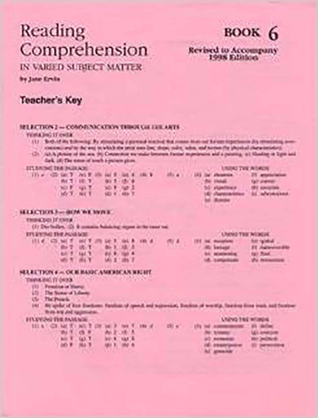 Readng Comp, Erc Mrc Reading Comprehension, Answer Key, Book 6 3 Readng Comp, Erc Mrc Reading Comprehension, Answer Key, Book 6